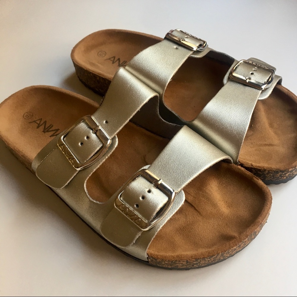 Metallic Silver Double Buckle Slide Sandal